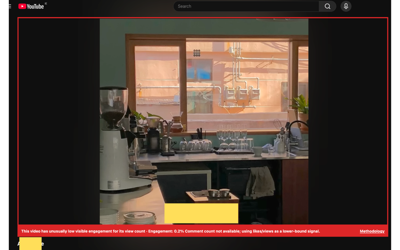 YouTube watch page showing the extension's engagement warning and highlighted player.