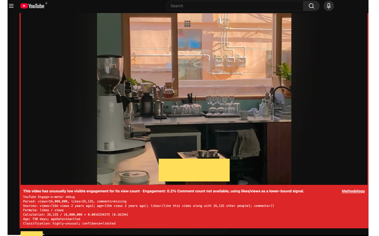 Extension popup with a debug details toggle.