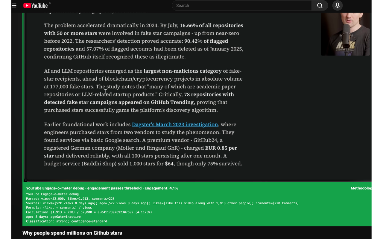 YouTube watch page showing Engage-o-meter debug details.